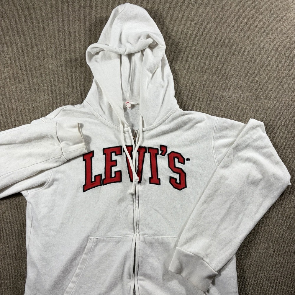 Levi's Full Zip Hoodie XS‎ White Red Logo Graphic Sweatshirt Womens Cotton